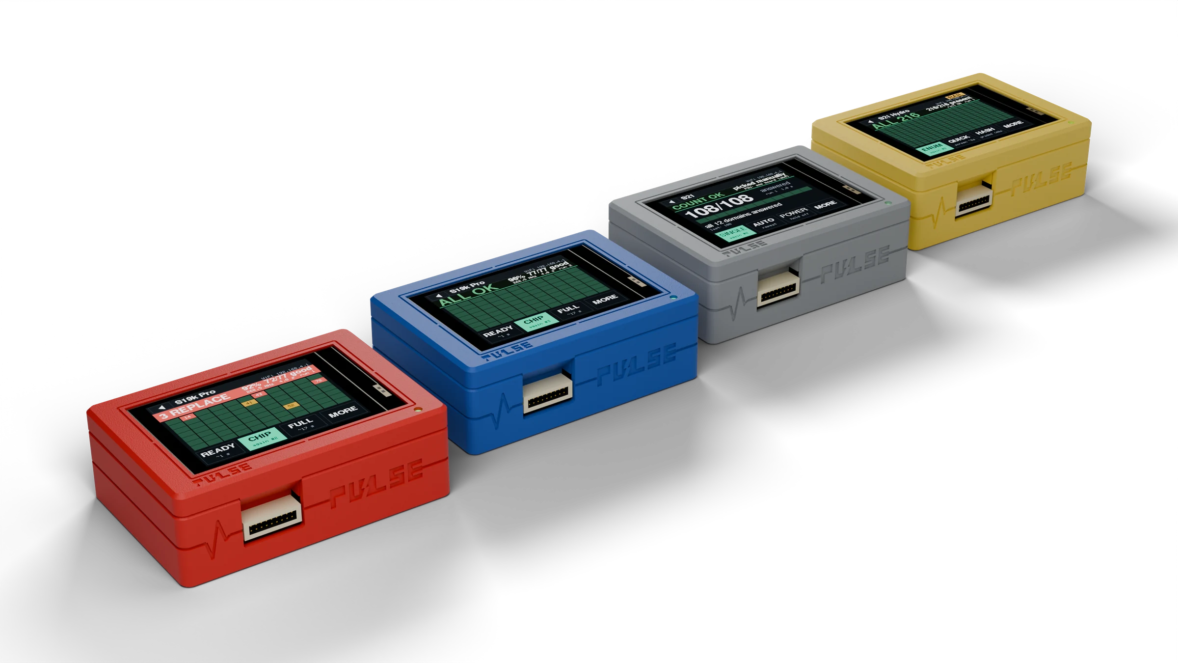 PULSE V1 Hashboard Tester in Red, in front of the Blue, Gray and Yellow testers