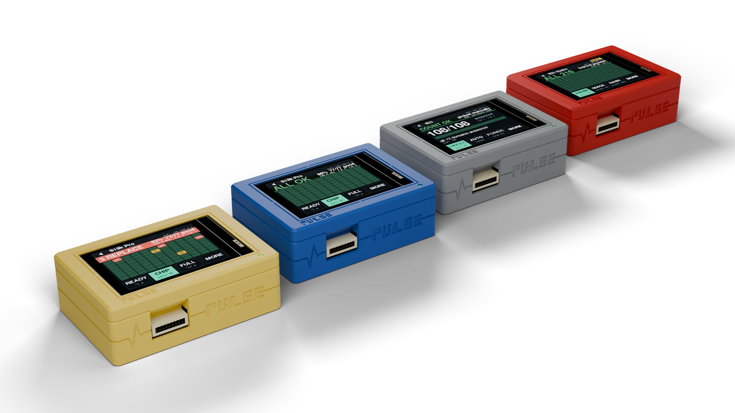 PULSE V1 Hashboard Tester in Yellow, in front of the Blue, Gray and Red testers