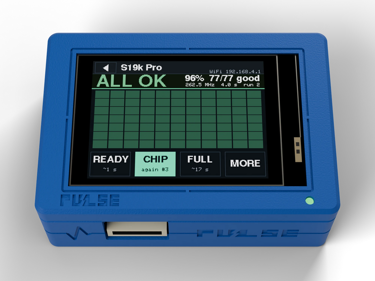 PULSE V1 Hashboard Tester, Blue case, chip map on the screen