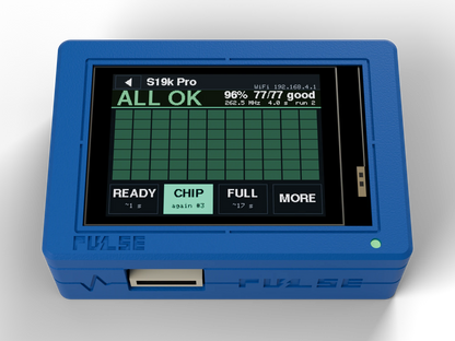 PULSE V1 Hashboard Tester, Blue case, chip map on the screen