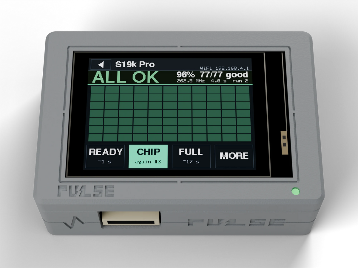 PULSE V1 Hashboard Tester, Gray case, front view with the chip map on the screen