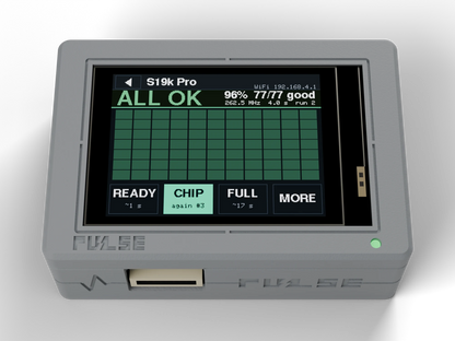 PULSE V1 Hashboard Tester, Gray case, front view with the chip map on the screen