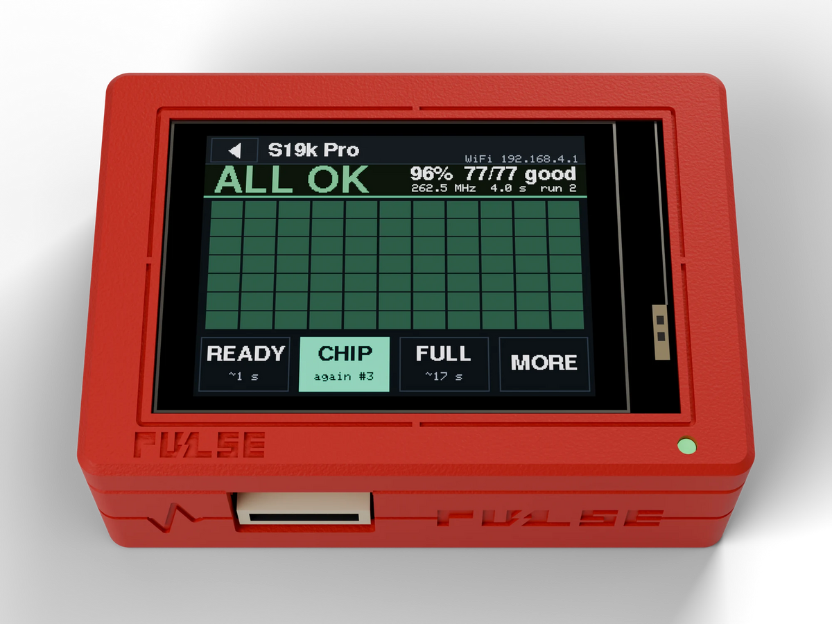 PULSE V1 Hashboard Tester, Red case, front view with the chip map on the screen