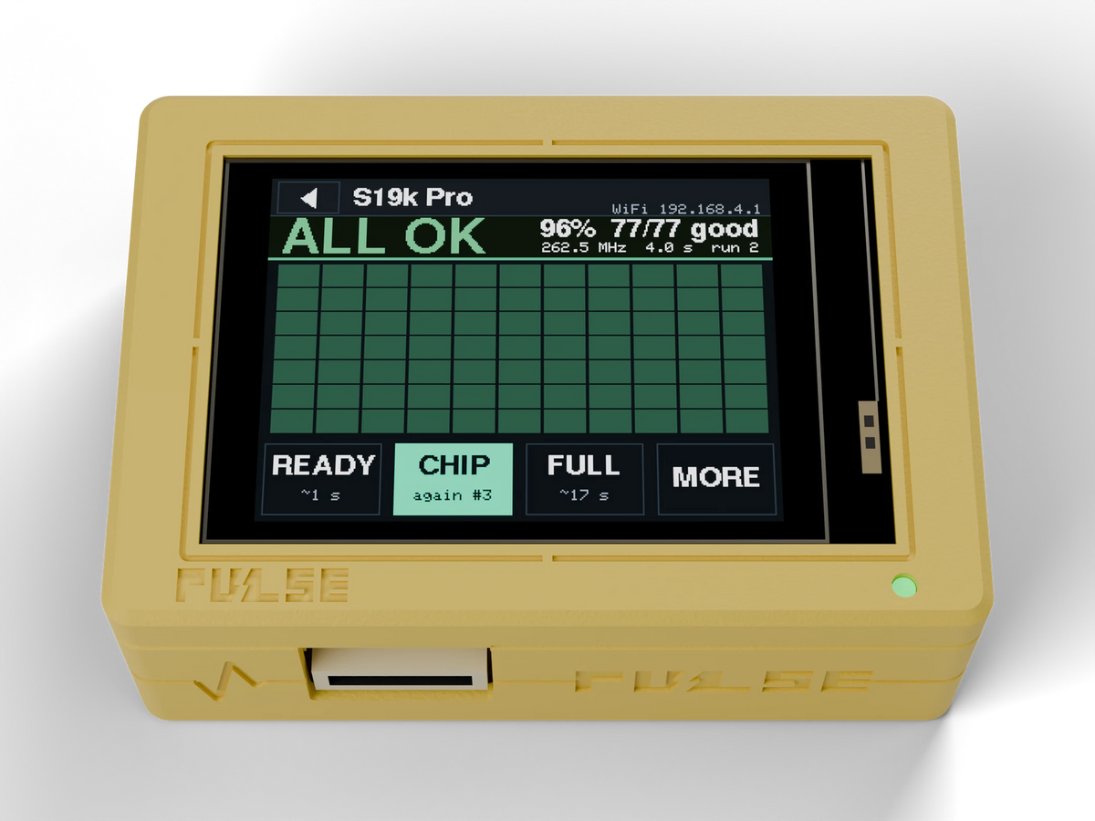 PULSE V1 Hashboard Tester, Yellow case, front view with the chip map on the screen
