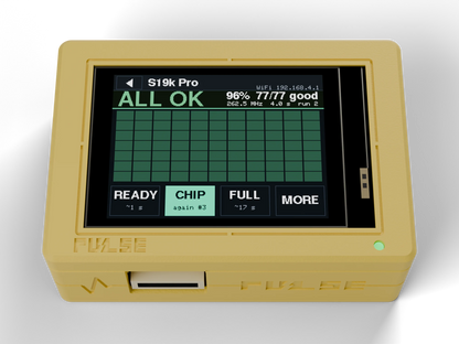 PULSE V1 Hashboard Tester, Yellow case, front view with the chip map on the screen