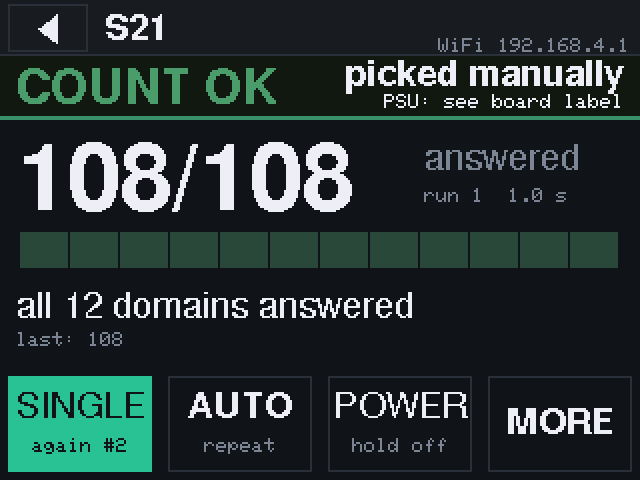 PULSE screen, S21 count test: COUNT OK, 108 of 108 chips answered, all 12 domains.