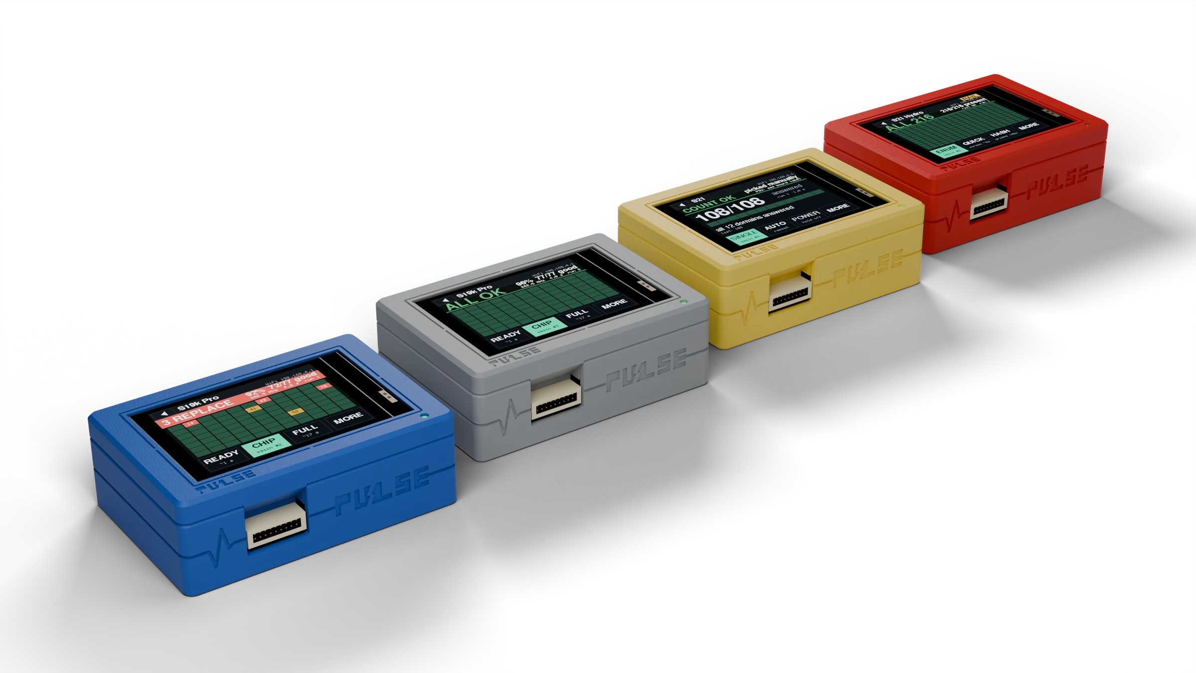 PULSE V1 Hashboard Tester in Blue, in front of the Gray, Yellow and Red testers