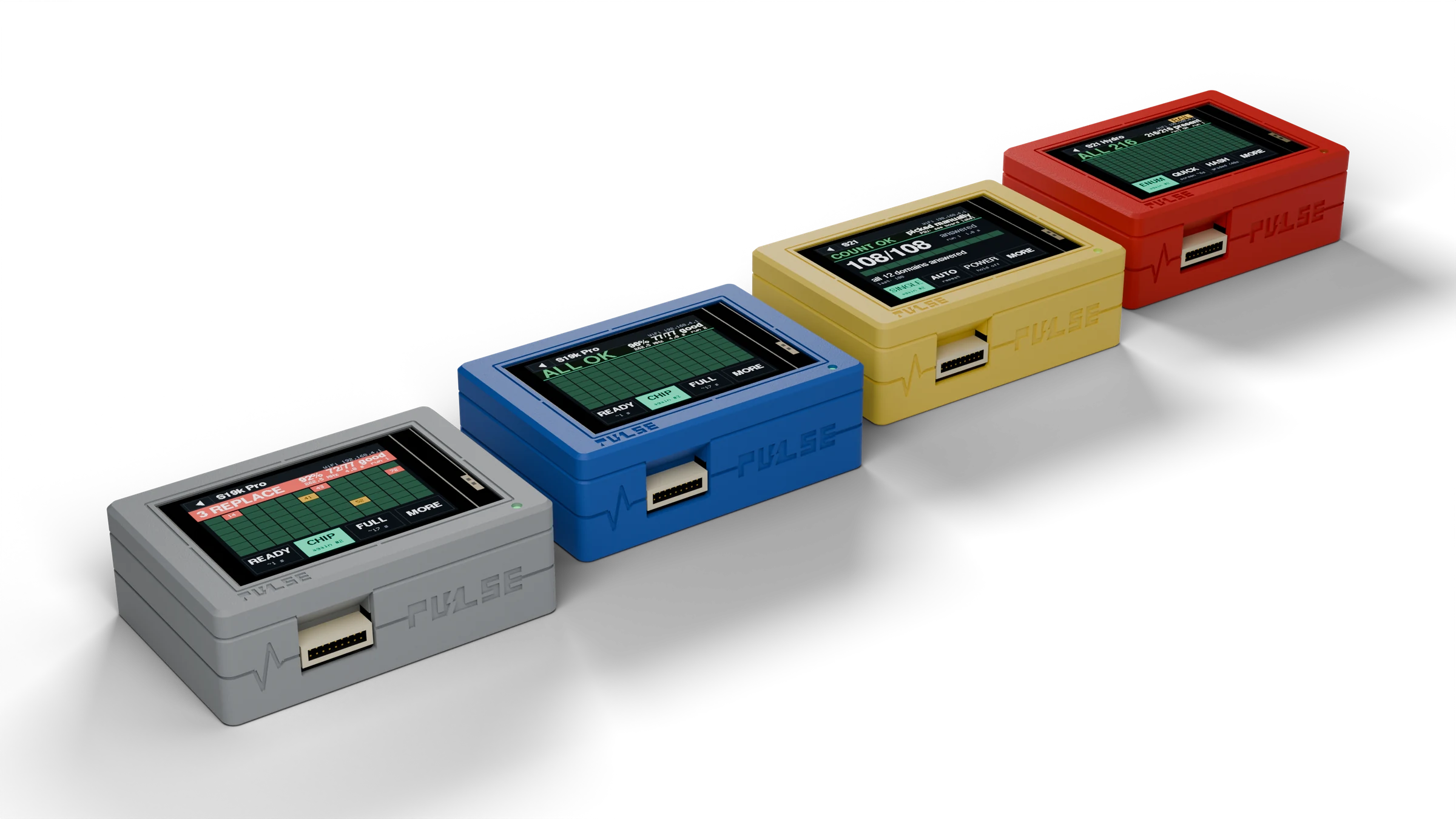 PULSE V1 Hashboard Tester in Gray, in front of the Blue, Yellow and Red testers